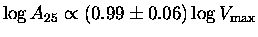 $\log A_{25}\propto(0.99\pm0.06)\log V_{\rm max}$