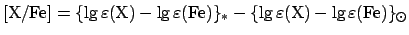 $\rm [X/Fe] = \{\lg\varepsilon(X) -
\lg\varepsilon(Fe)\}_* - \{\lg\varepsilon(X) -
\lg\varepsilon(Fe)\}_{\odot}$