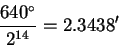 \begin{displaymath}\frac{640^{\circ}}{2^{14}} = 2.3438'
\end{displaymath}