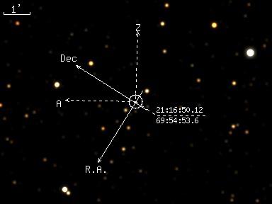 USNO-A2 for BTA Guide TV-camera (Telescope coordinates: R.A.=21:51:39.43 Decl=+39:54:04.5)